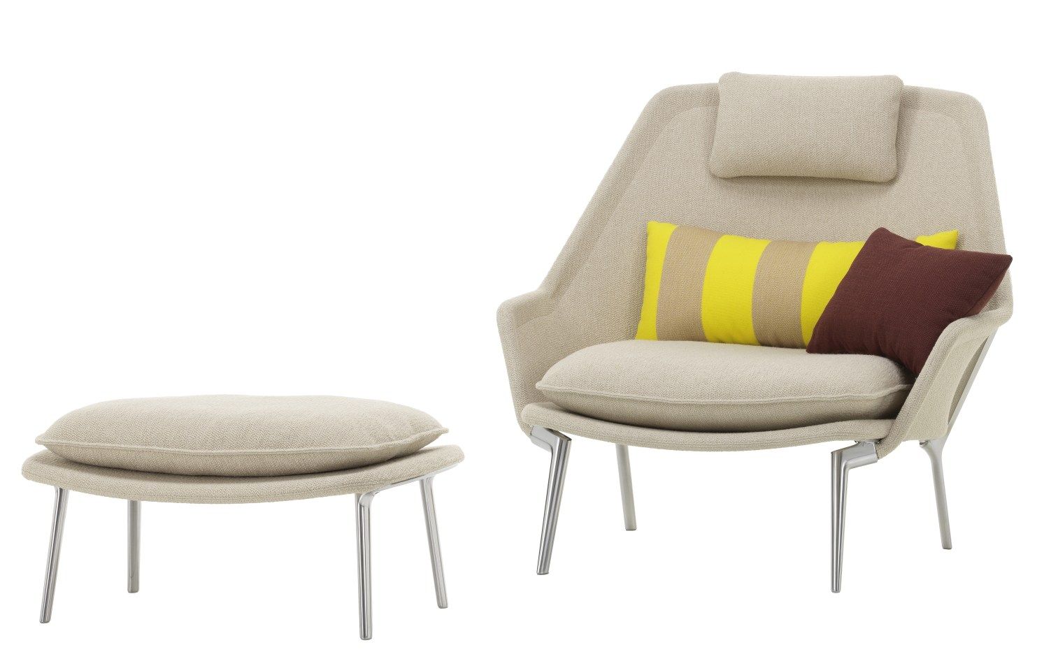 Vitra Slow Chair Sessel mit Ottoman in Stoff, beige mit Kissen, bequemer Lounge Sessel.