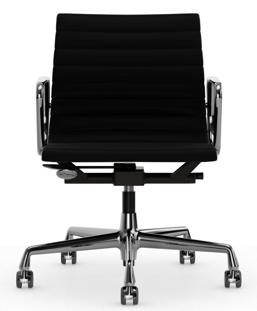 Vitra Aluminium Chair EA 118 in Schwarz, Premium Leder, mit poliertem Aluminiumfuß.
