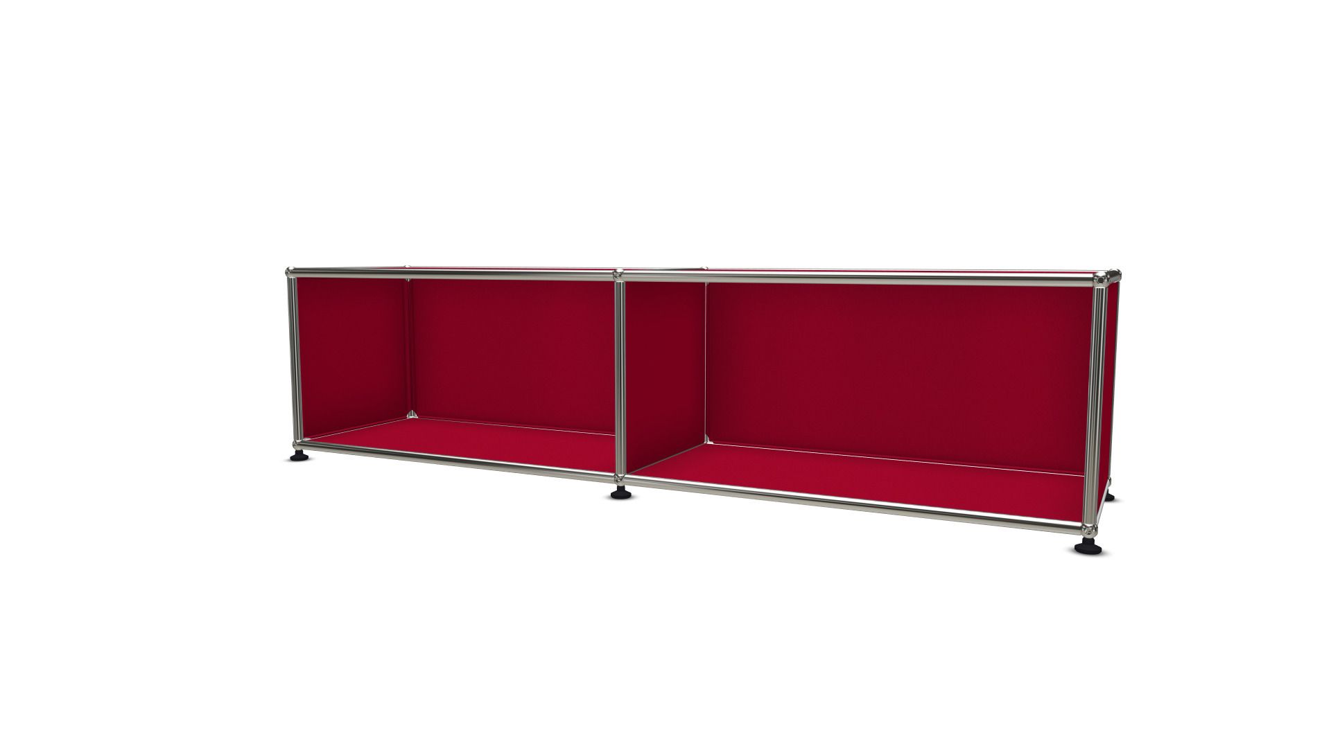 USM Haller Lowboard in Rot mit offenen Fächern und verchromtem Stahlrohr-Gestell, modernes Möbeldesign.