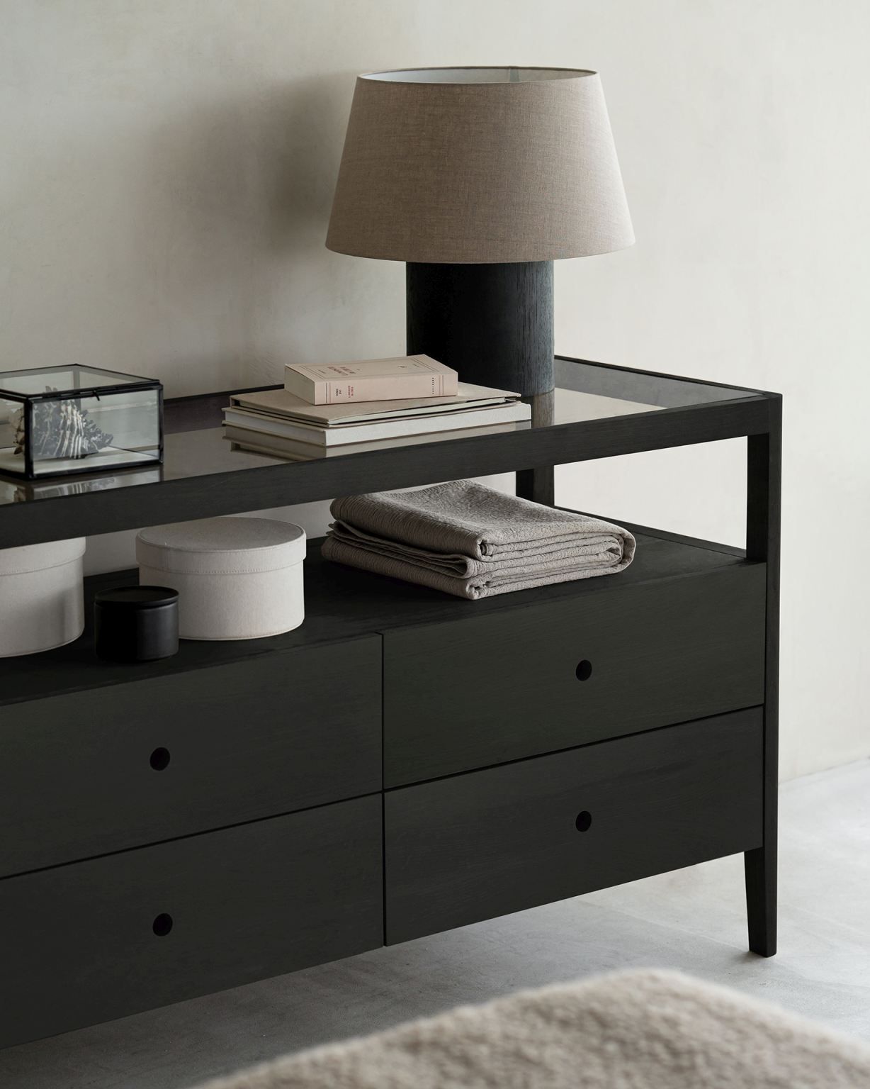 Spindle chest of drawers with drawers black lacquered oak Ethnicraft