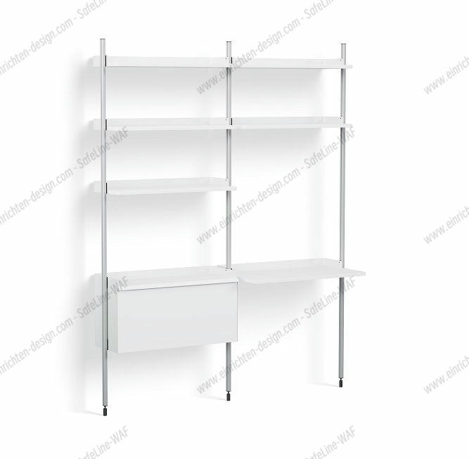 Pier System 12 2 Columns Shelf Hay White-Aluminium Weißes Pier System Regal mit zwei Säulen, Ablageflächen und Schreibtischplatte von Hay.