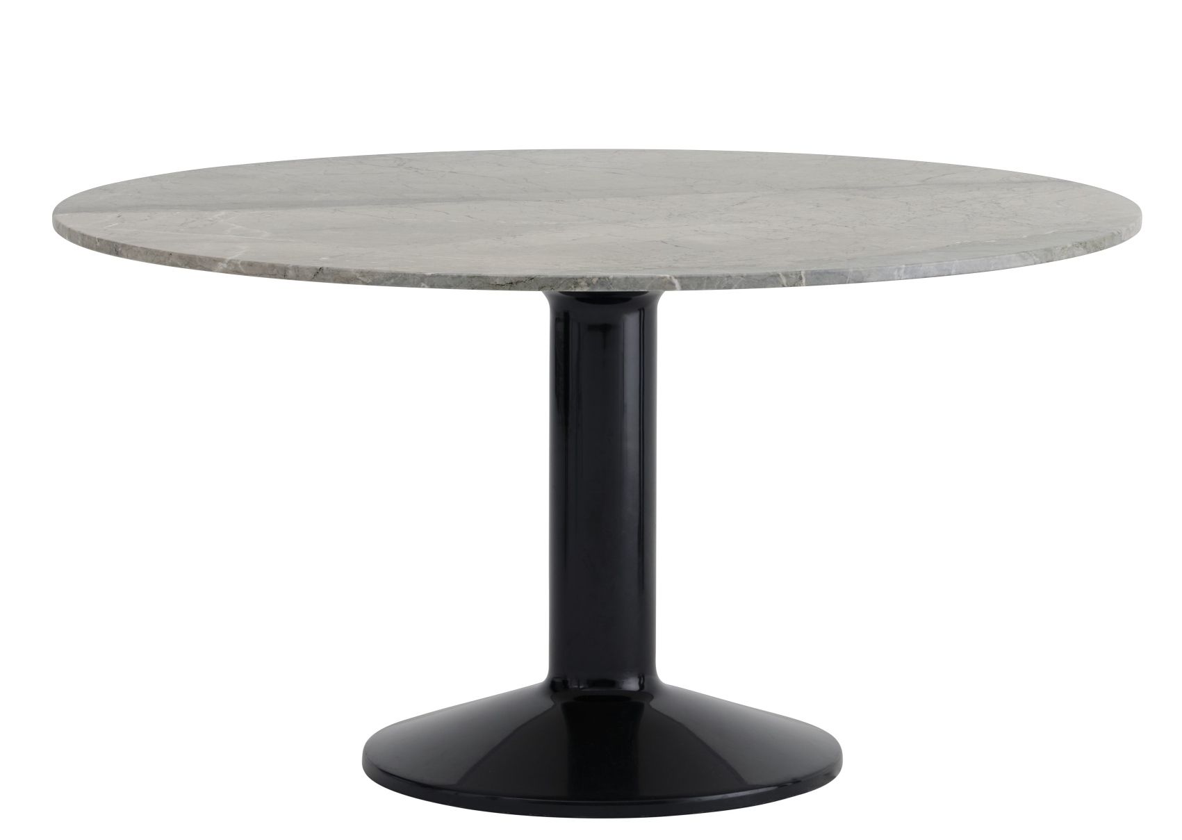 Muuto MIDST Table Esstisch mit runder, grauer Marmorplatte und schwarzem, trompetenförmigem Fuß.