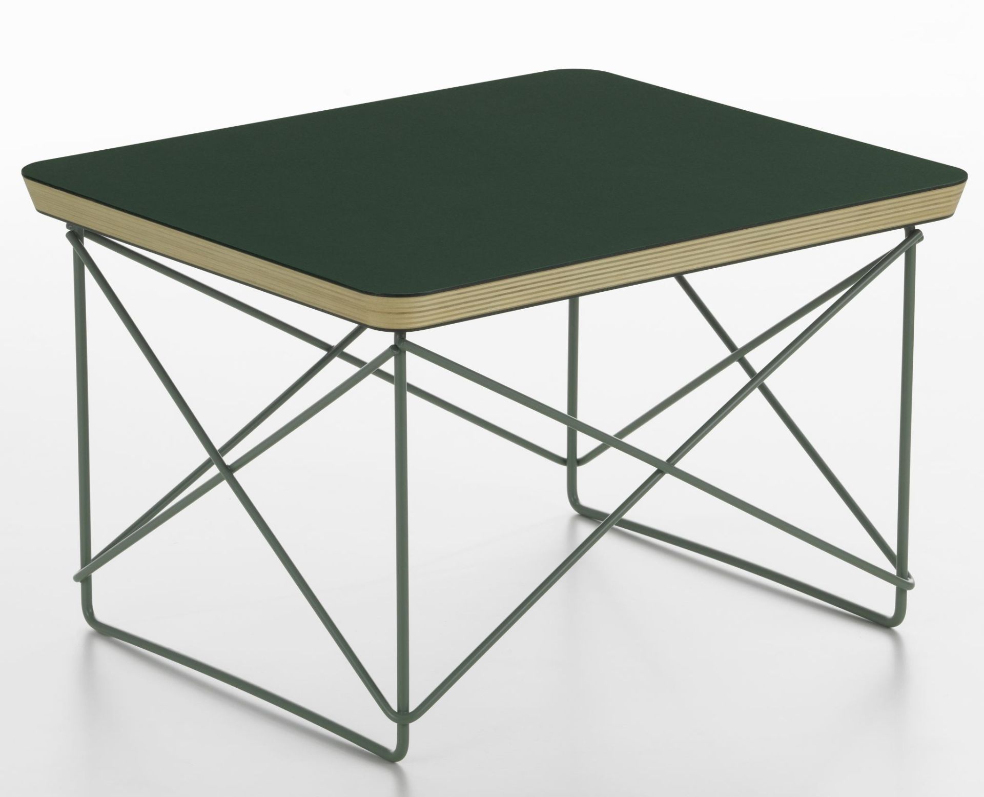 Vitra LTR Beistelltisch mit jadefarbener Linoleum-Tischplatte und filigranem, farblich passendem Drahtgestell, ideal als kleiner, flexibler Ablagetisch.