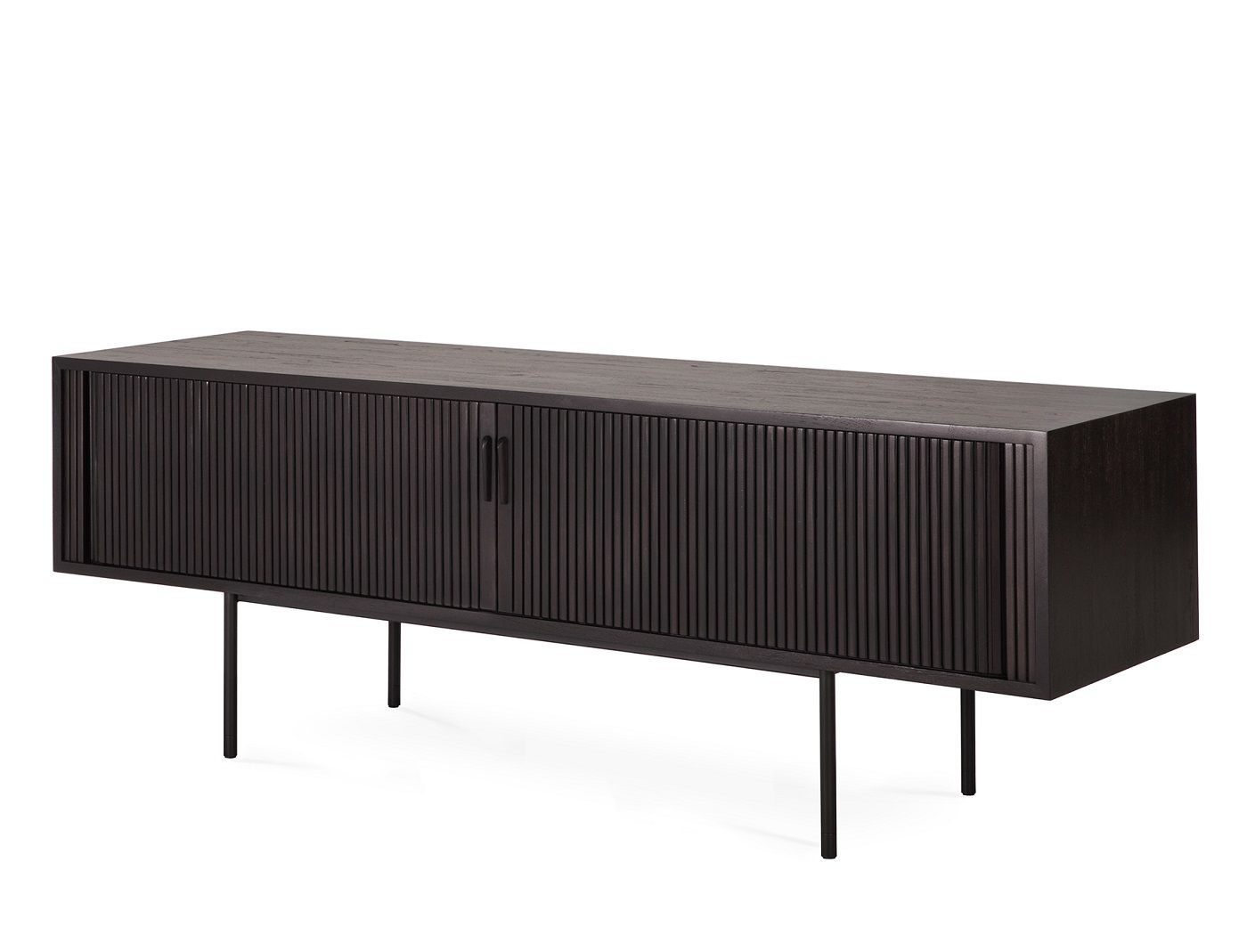 Schwarze Roller Max TV Anrichte aus Teakholz von Ethnicraft mit zwei Türen und filigranem Design.