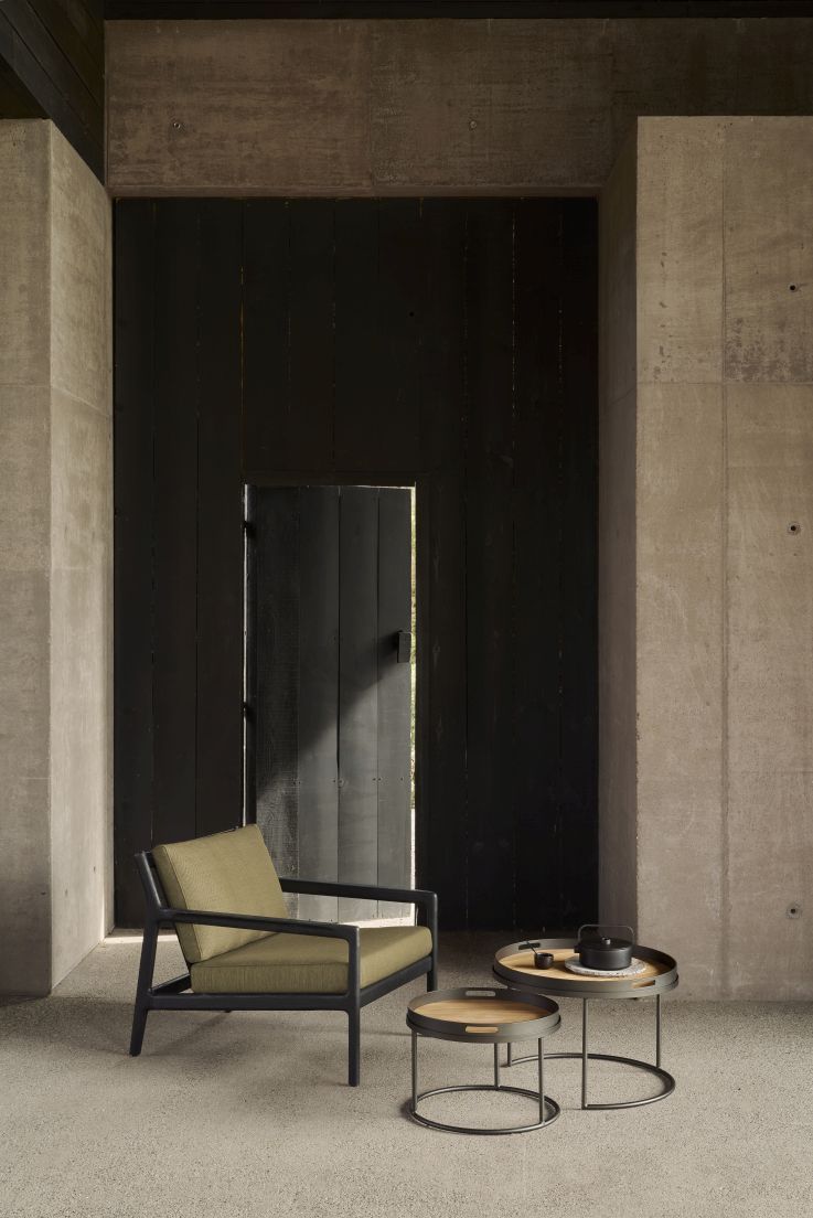 Jack Outdoor Lounge Chair, Teak, Black Lacquered, Green Fabric, Ethnicraft