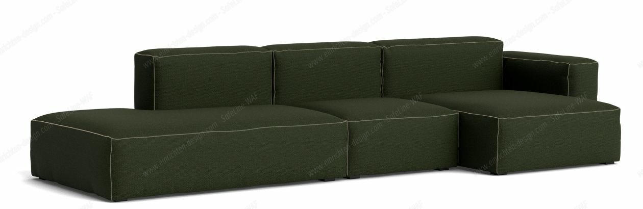 Mags Soft Sofa, 3-Sitzer in Dunkelgrün mit beiger Naht und niedriger Armlehne rechts.