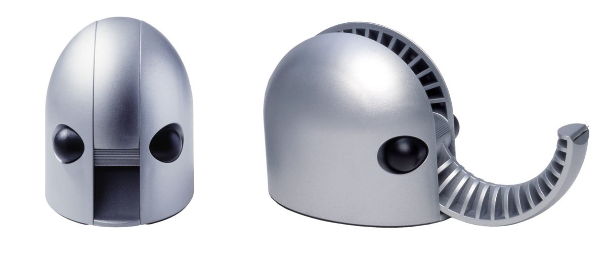 Zwei Ansichten des silbernen Hannibal Tape Dispenser Klebefilmabrollers von Rexite, ein Design-Klassiker für Bürobedarf.