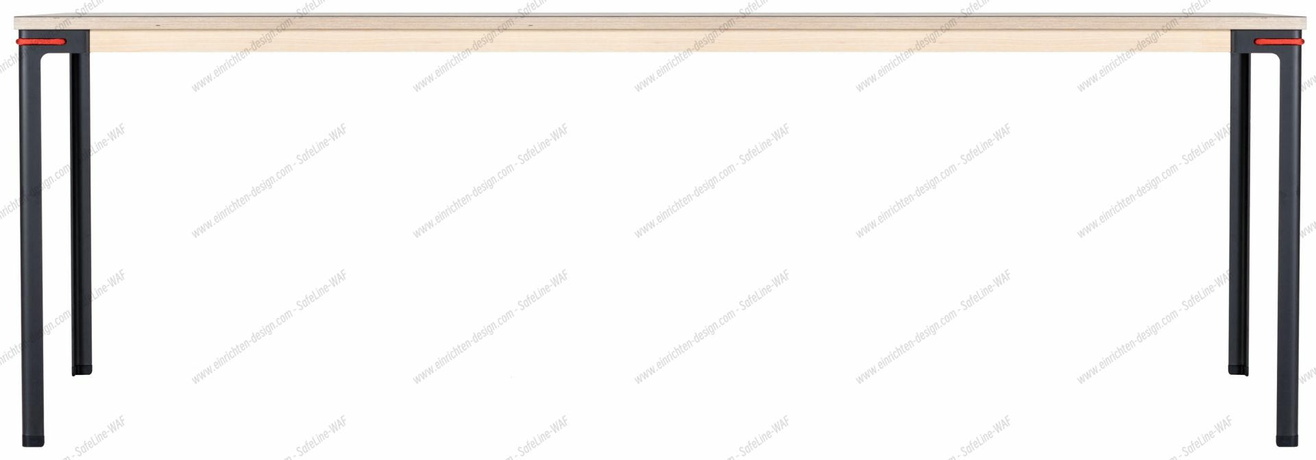 Seiltänzer Tisch von Moormann mit hellem Holz und schwarzen Beinen, verbunden durch rote Seile.