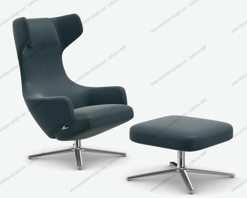Grand Repos armchair + ottoman LOW / LEATHER PREMIUM WITH CONTRAST SEAM SMOKE BLUE Vitra SINGLE PIECES
