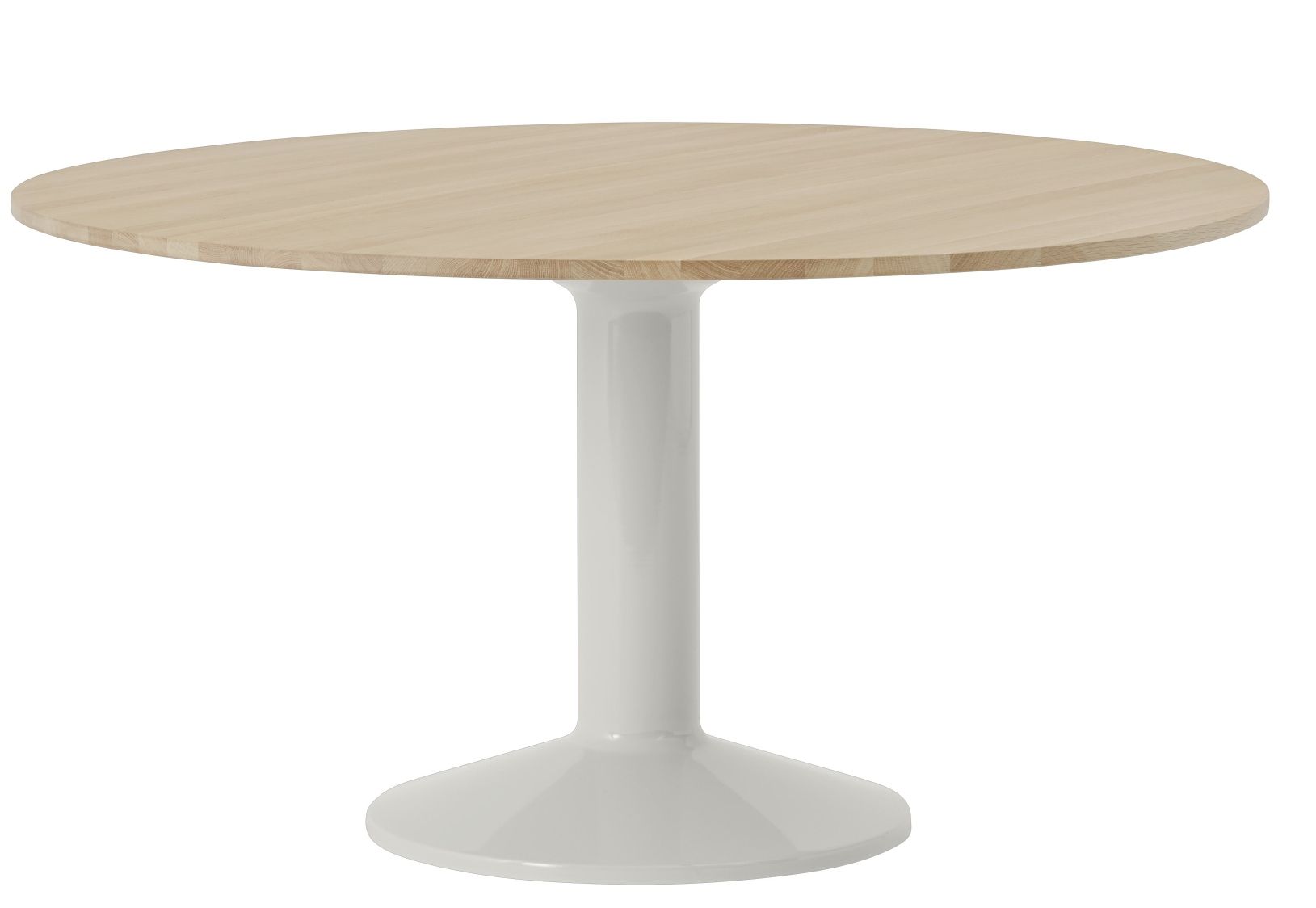 Muuto MIDST Table Esstisch mit runder, heller Holzplatte und weißem, trompetenförmigem Fuß.