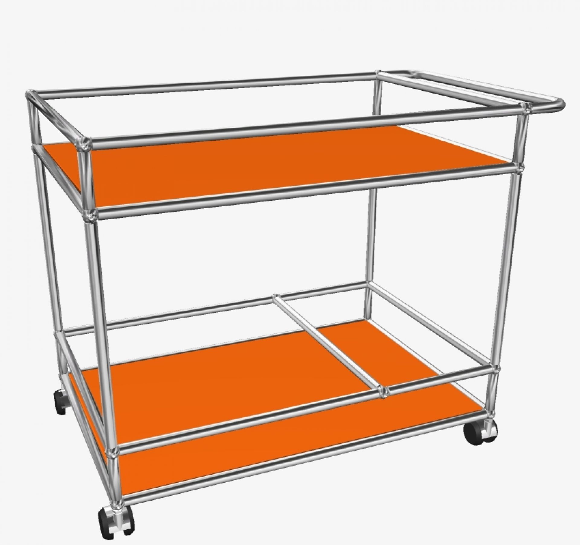 USM Haller Barwagen in Reinorange: Moderner Servierwagen mit zwei Ebenen und Rollen für Flaschen.