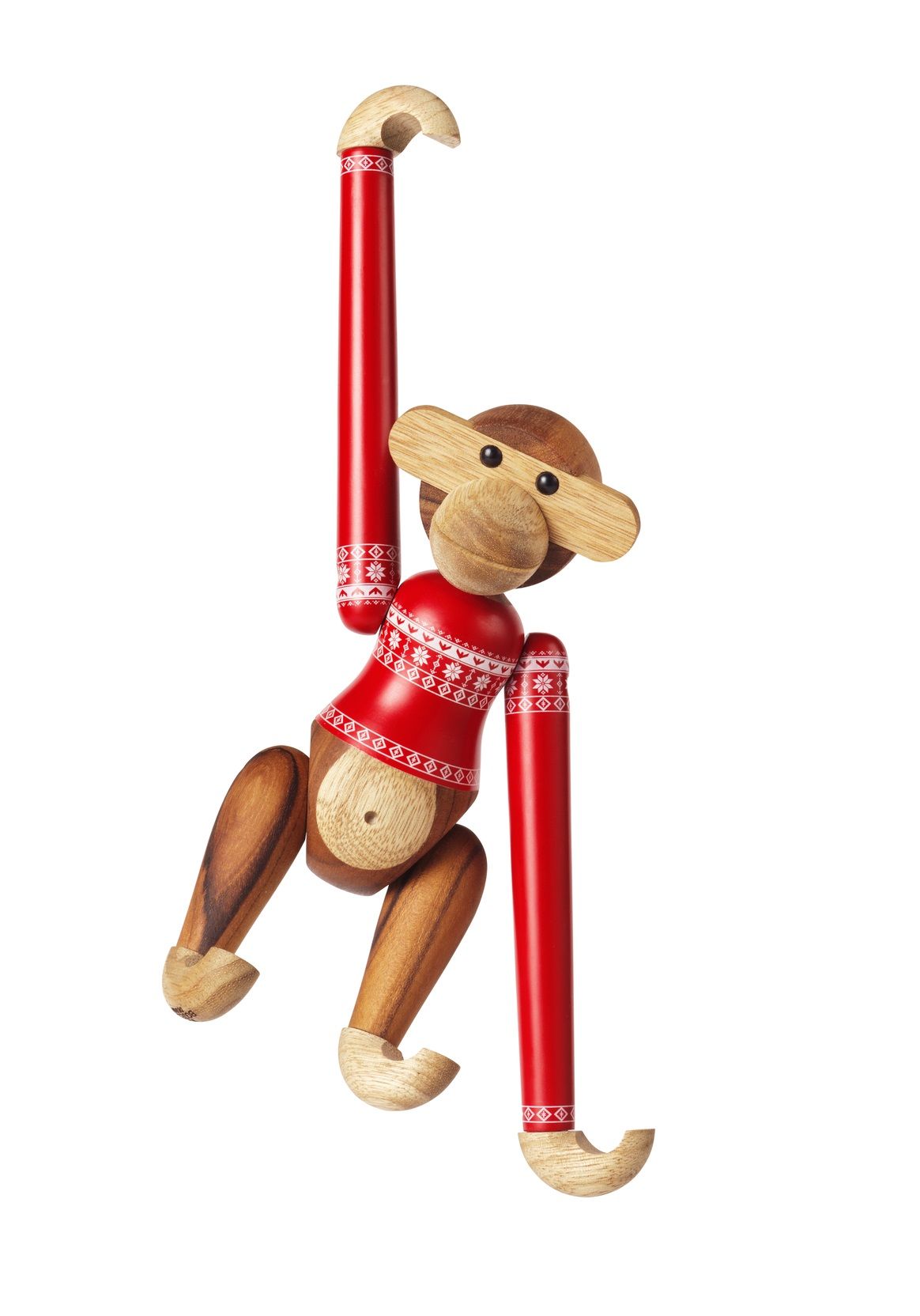 Kay Bojesen Affe Holzfigur mit rotem Christmas Jumper, festliche Weihnachtsdekoration für 2024, hängend.
