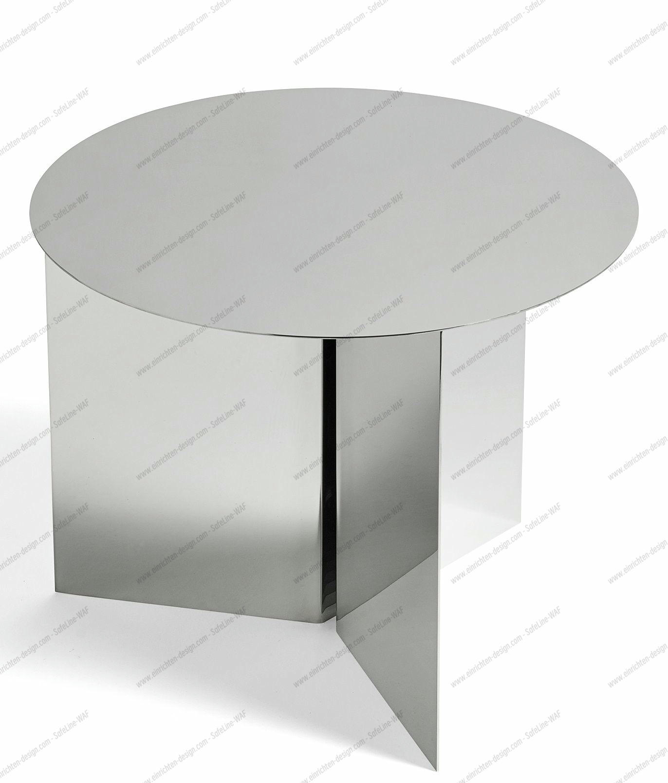 Bild des Slit Table Round Beistelltisch von Hay, polierter Spiegel, modernes Design, runder Tisch.