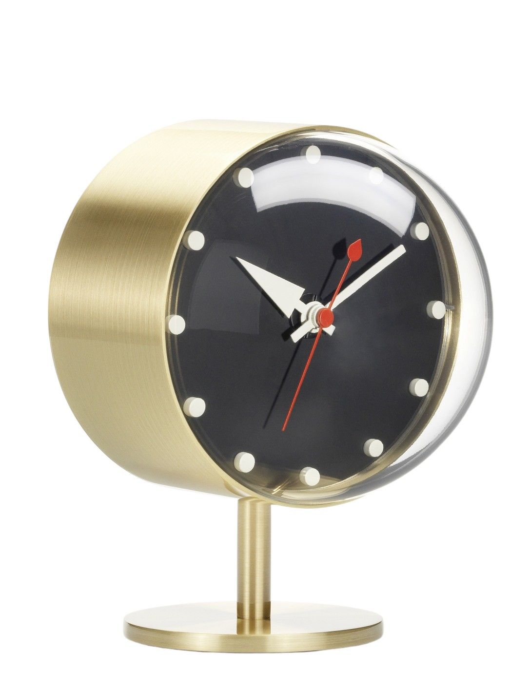 Goldene Night Clock Tischuhr von Vitra mit schwarzem Zifferblatt und rotem Sekundenzeiger.