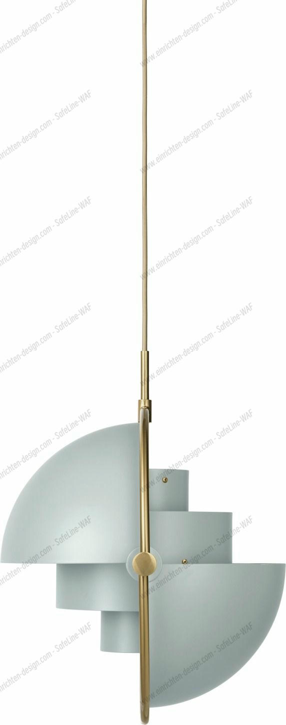 Gubi Multi-Lite Pendelleuchte in See Grau und Messing, moderne Hängelampe für Wohnraum.
