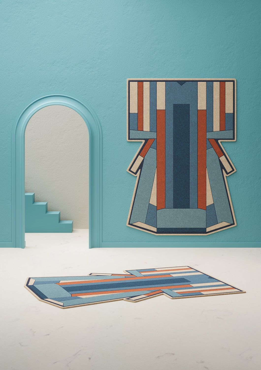 Inès Carpet Teppich Hart, blauer Designer Teppich mit geometrischen Mustern an Wand und Boden.