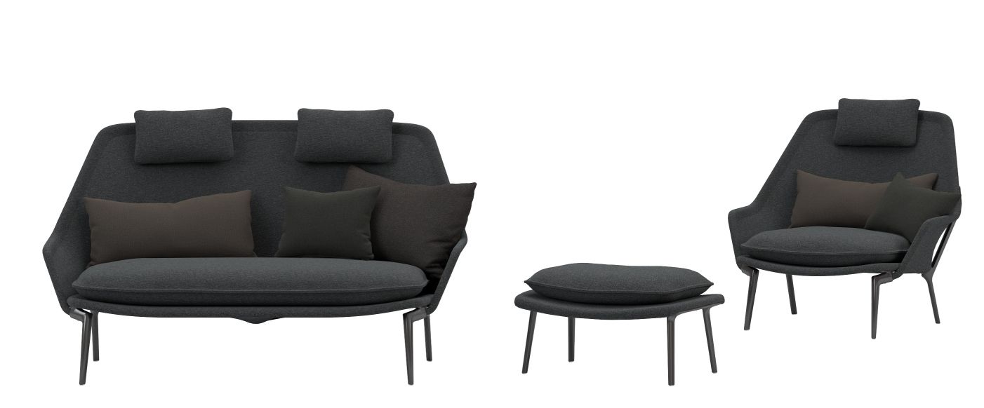 Vitra Slow Chair und Ottoman Sessel aus Stoff in Anthrazit mit Kissen.