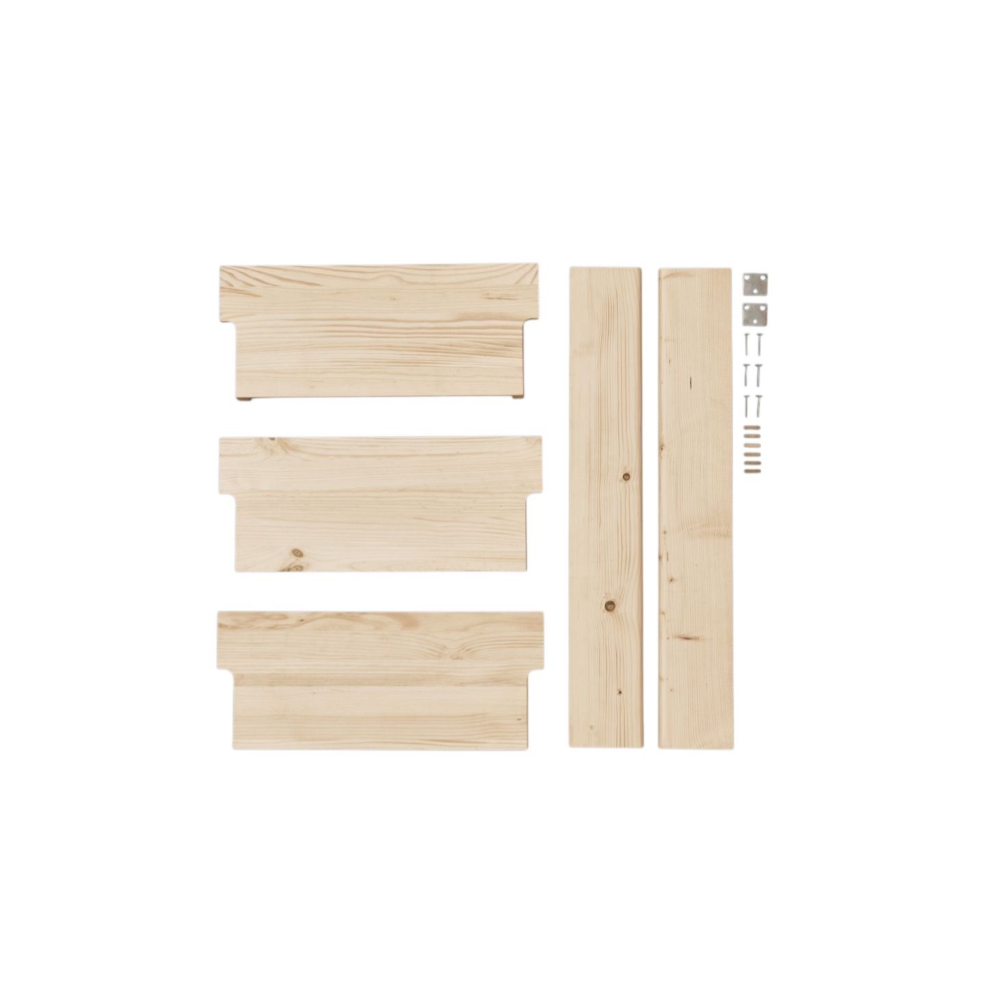 Form & Refine Beam Wandregal: Einzelteile des Holzregals mit drei Fächern und Befestigungsmaterial.