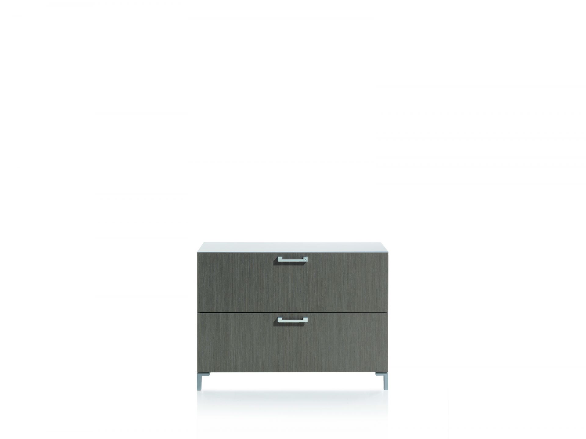 Steelcase Share It Querrolladenschrank mit zwei Schubladen und silbernen Griffen für Büroorganisation.