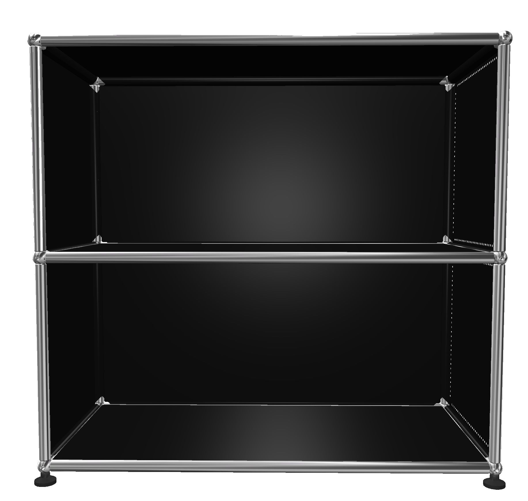 Graphitschwarzes USM Haller Regal mit zwei offenen Fächern und verchromtem Gestell, modernes modulares Design.