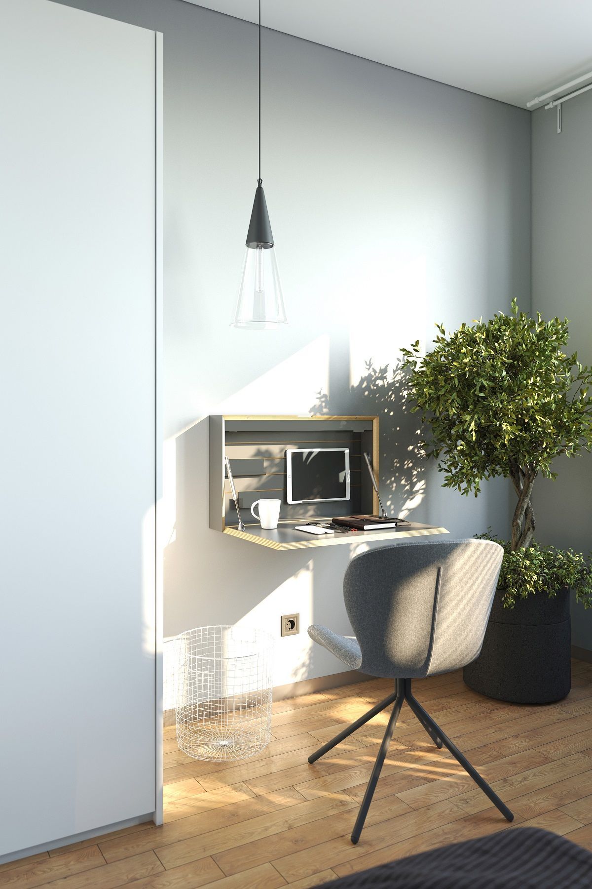 Flatbox Sekretär von Müller Möbelwerkstätten in Grau, Wandmontage mit Schreibtischstuhl und Zimmerpflanze.