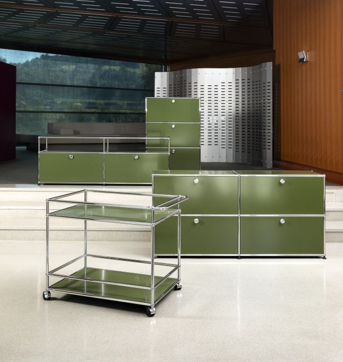 USM Haller highboard with three hinged doors olive green NEW STANDARD COLOUR 