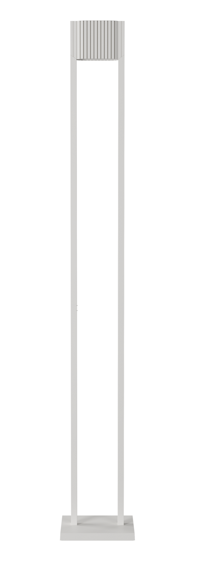 Weiße Unic LED Stehleuchte im minimalistischen Design mit rechteckigem Rahmen und Lamellenstruktur.