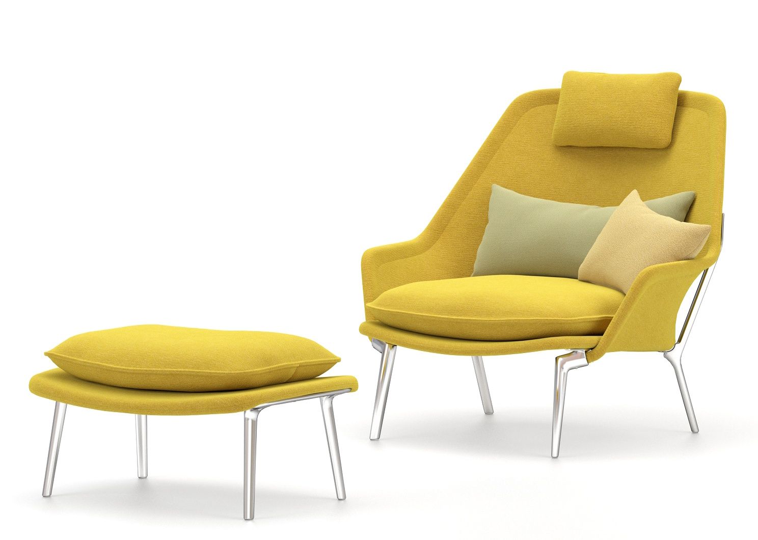 Gelber Vitra Slow Chair Sessel mit Ottoman und Kissen, Stoffbezug und Chromgestell auf weißem Hintergrund.
