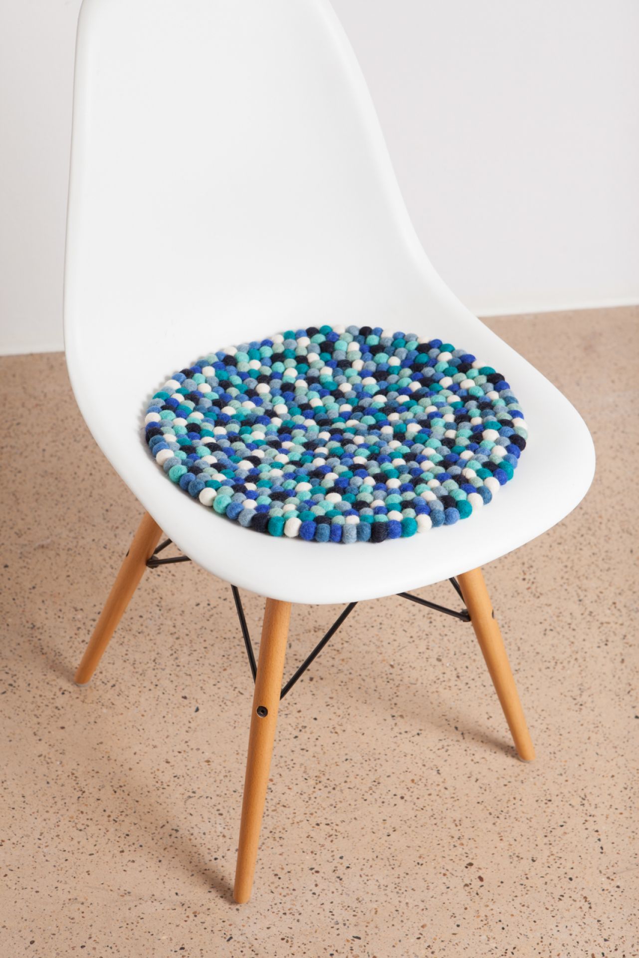 Felt Ball Seat Cover for Chair Round 36 cm FRITZ BLUE GREEN / WHITE myfelt  SINGLE PIECES