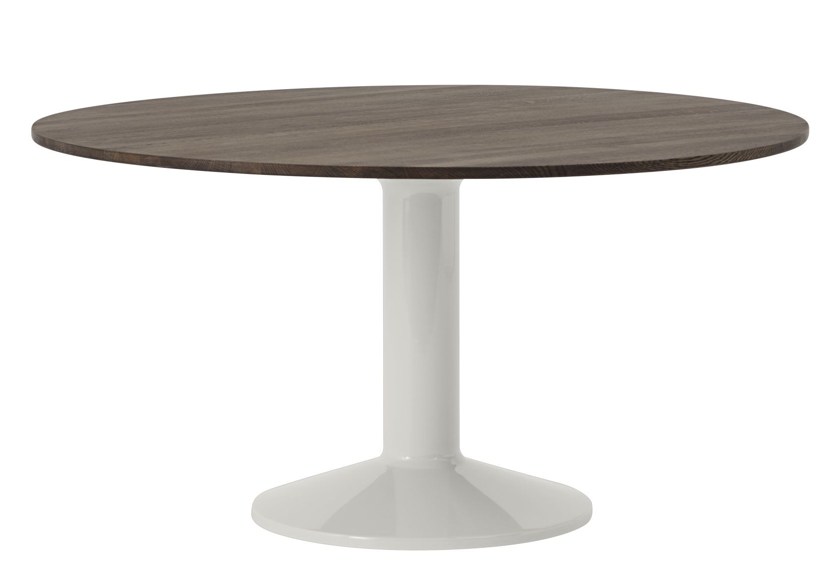 MIDST Table Esstisch von Muuto, runder Holztisch mit weißem, trompetenförmigem Fuß für Esszimmer und Küche.