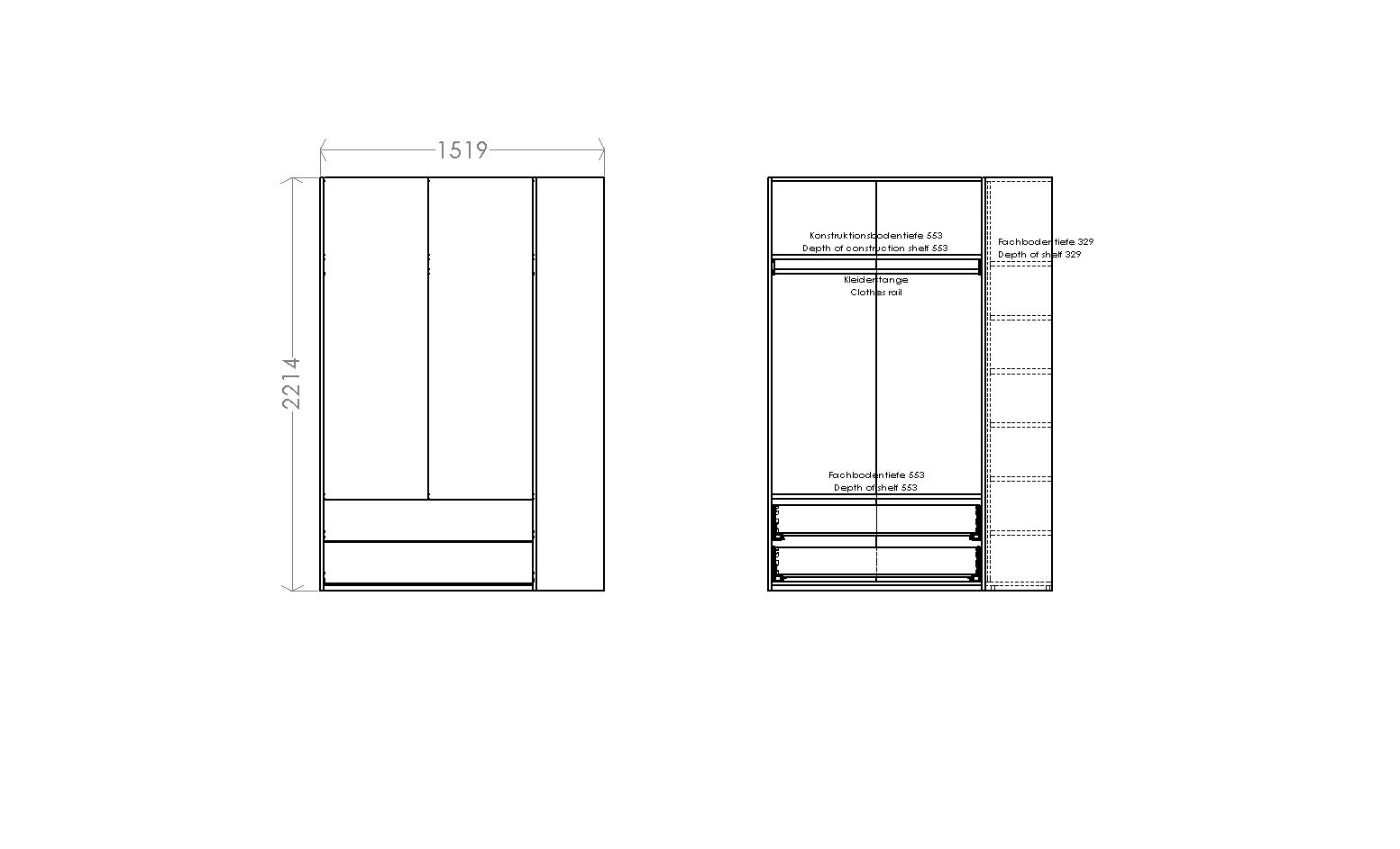 MODULAR PLUS wardrobe combination with add-on shelf right W 151.9 cm Müller Möbelwerkstätten