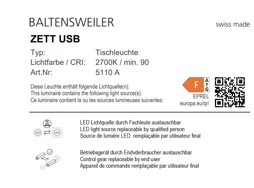 Zett USB Wandleuchte / Tischleuchte Baltensweiler