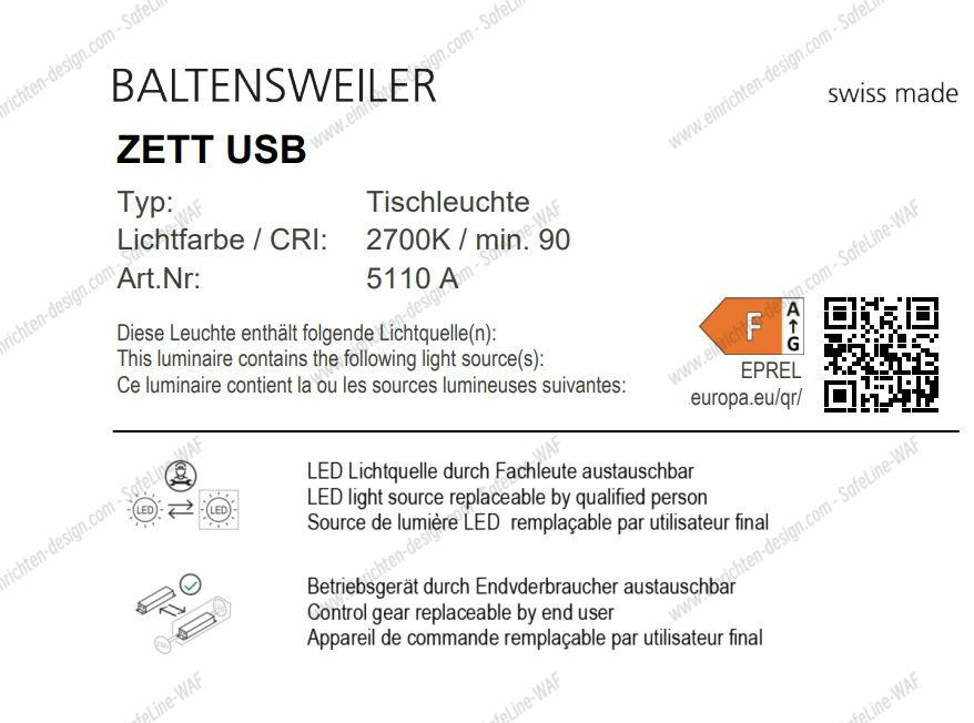 ZETT USB Wall Lamp / Table Lamp Baltensweiler