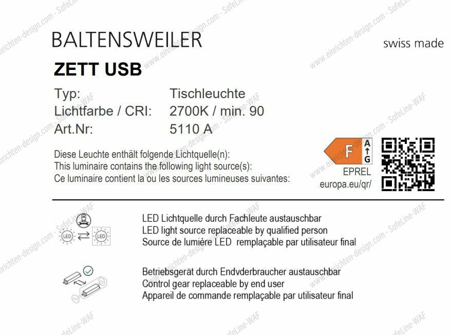 Zett USB Wandleuchte / Tischleuchte Baltensweiler