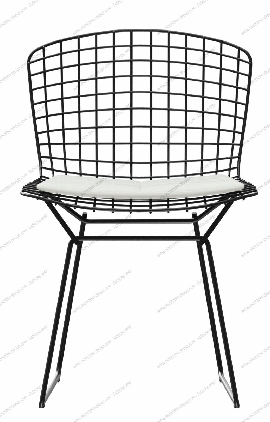 Bertoia chair OUTDOOR Knoll International Quick-Ship Schwarzer Bertoia Stuhl aus Drahtgeflecht mit weißem Sitzkissen, geeignet für den Außenbereich.