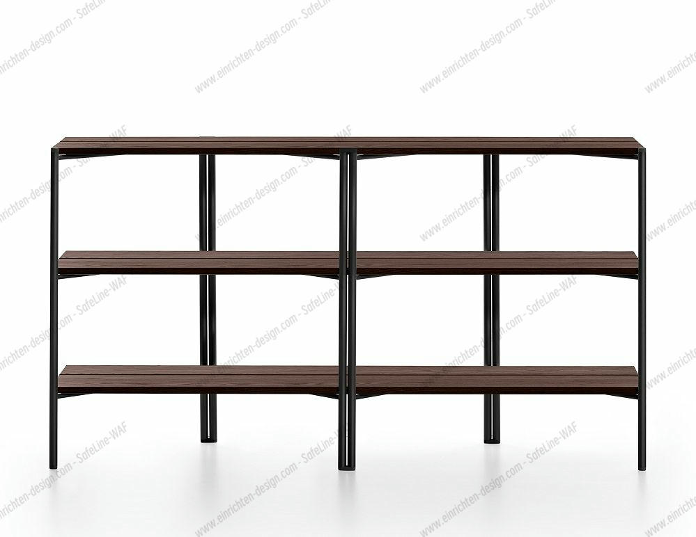 Run Shelf Regal mit drei Ebenen in Schwarz und Walnuss-Optik. Modernes Design.
