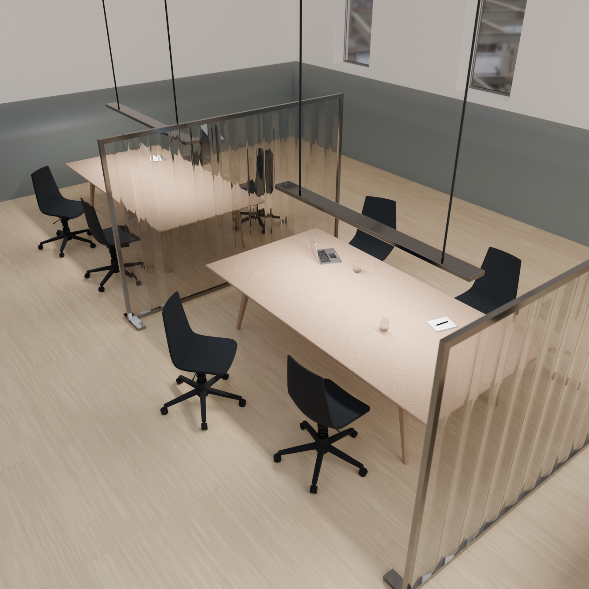 Linu Task Konferenzstuhl mit Aeris Federbein in modernem Büro mit Besprechungstisch und Trennwänden.