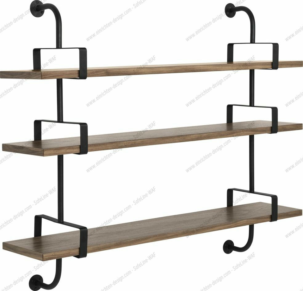 Décoratives Gubi Regal Démon Shelf mit drei Holzebenen und schwarzer Metallhalterung.