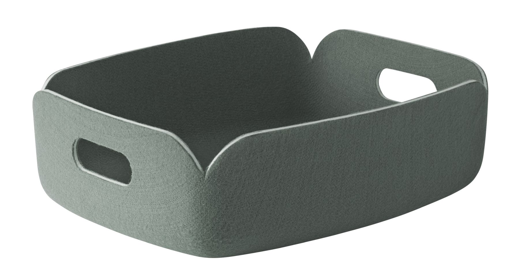 Muuto Restore Tray Basket in Staubgrün: Rechteckiger Aufbewahrungskorb aus Filz mit Tragegriffen.