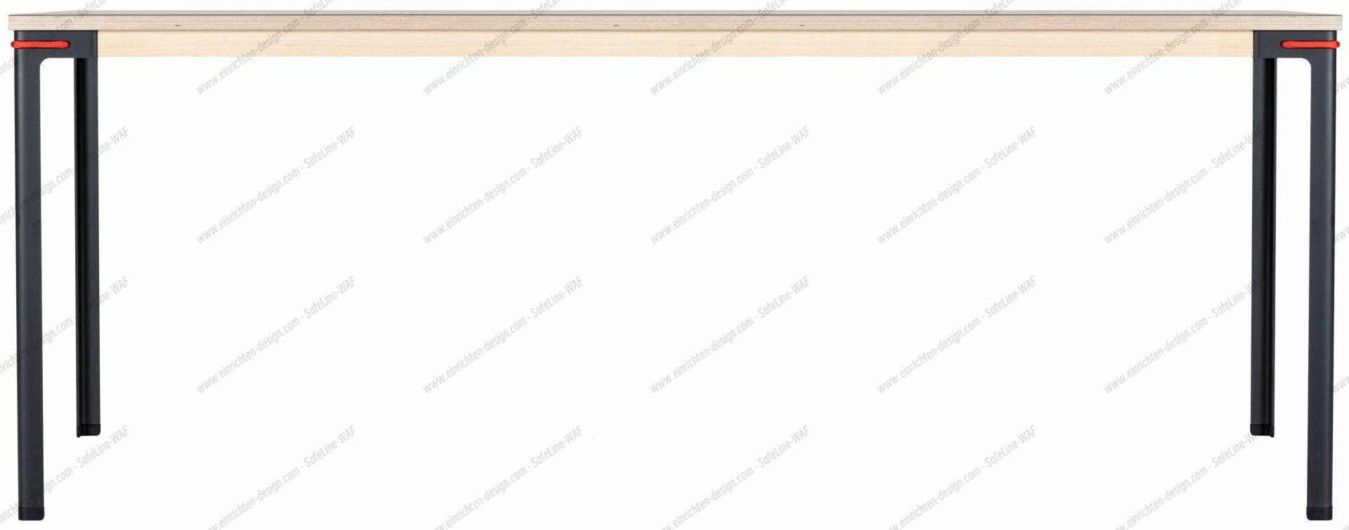 Seiltänzer Tisch von Moormann: Heller Holztisch mit schwarzen Beinen und roter Seil-Verbindung.