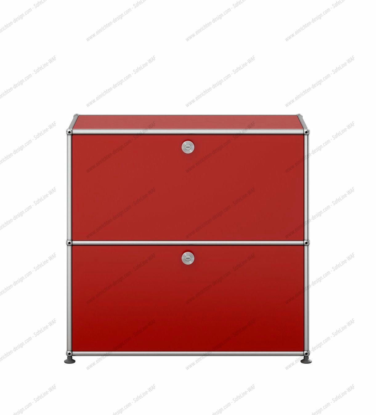 Kleines USM Haller Sideboard in Rubinrot mit zwei abschließbaren Fächern und verchromtem Gestell.
