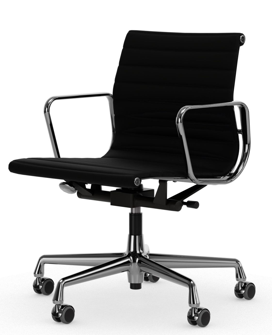 Aluminium Chair EA 118, Bürostuhl von Vitra mit schwarzem Premium Leder und Chromgestell.
