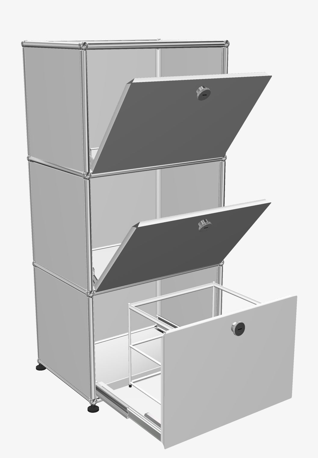 USM Haller Highboard with 2 hinged doors at the top/middle and 1 pull-out door with hanging storage at the bottom pure white display model/used furniture 