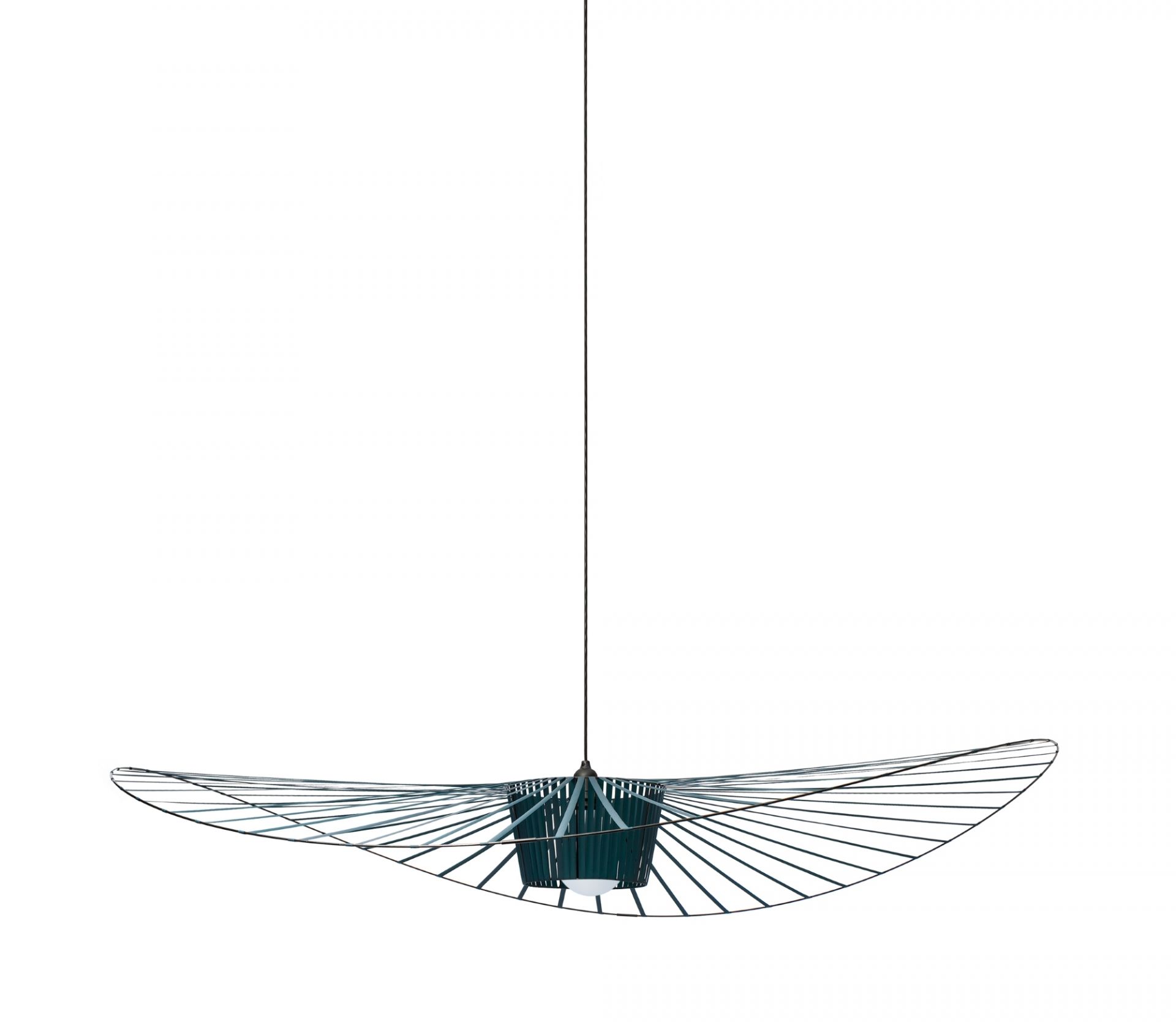 Grüne Vertigo Pendelleuchte von Petite Friture, modernes Design mit filigranen Linien und sanftem Licht.