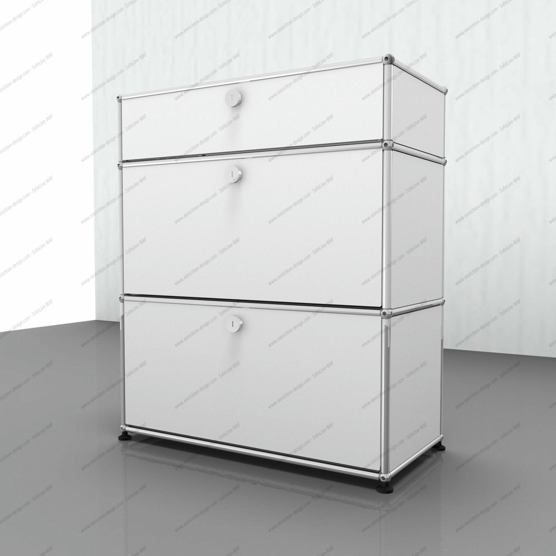 USM Haller Highboard in Rubinrot mit zwei Klappen, modernes Designmöbel für stilvolle Wohnräume.