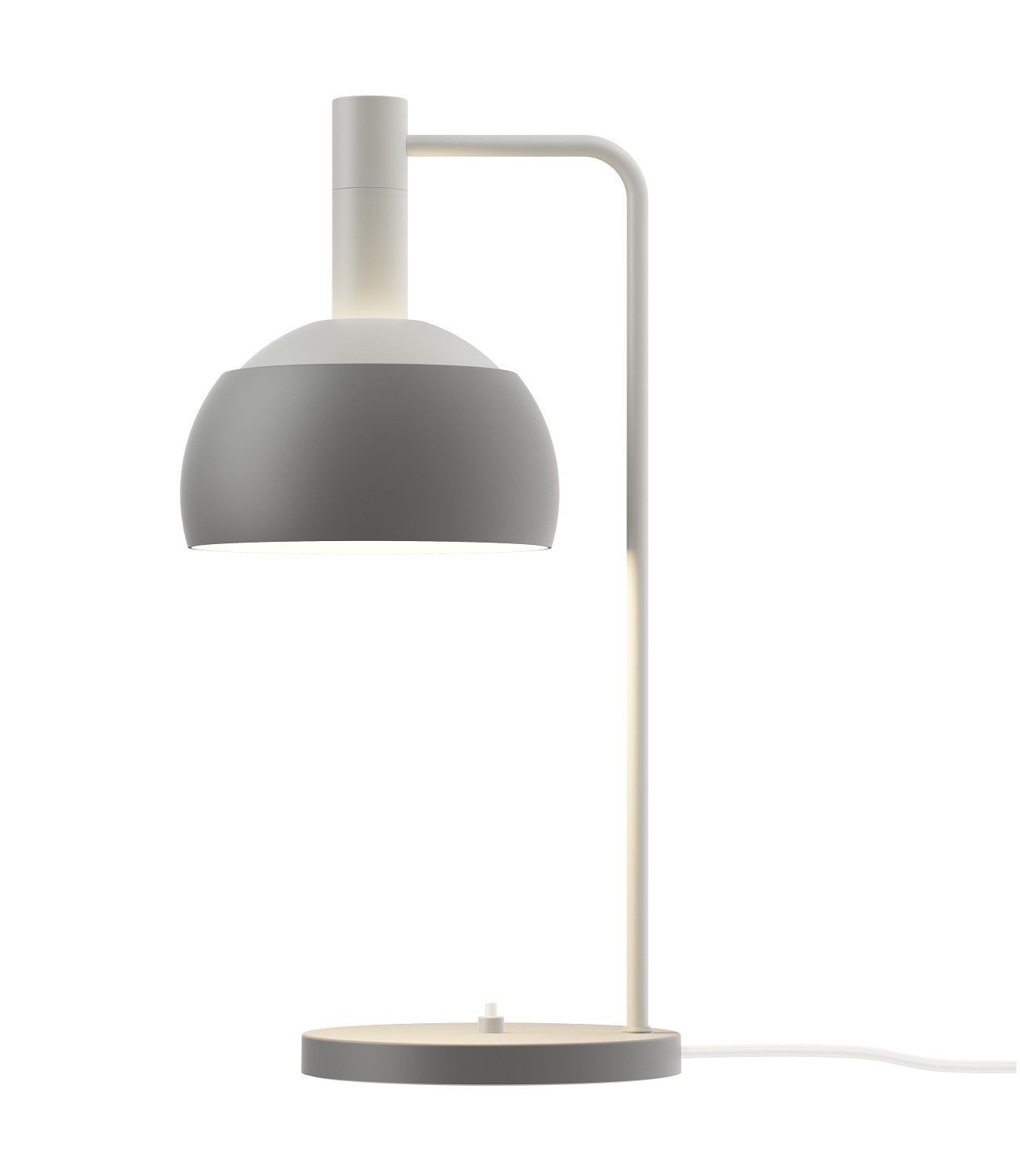 FJ Elements Tischleuchte von Louis Poulsen in Grau und Weiß, modernes Design für Nachttisch oder Schreibtisch.