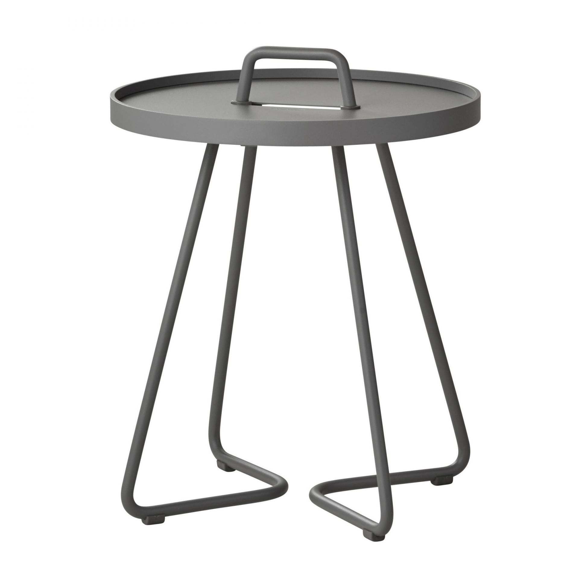 Heller, grauer Cane-Line Beistelltisch für den Außenbereich mit Griff. Kleiner, runder Gartentisch.