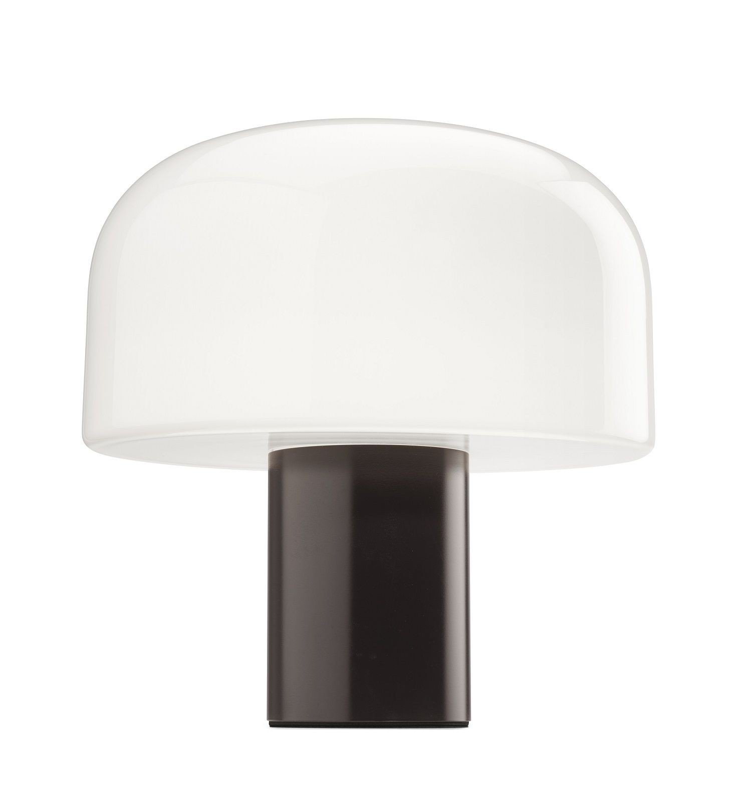 Bellhop Tischleuchte von Flos mit weißem Glasschirm und dunkelbraunem Fuß. Design Lampe.