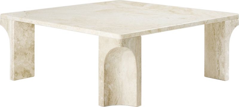 Quadratischer Couchtisch aus weißem Travertin, Gubi Doric Stil, modernes Wohnzimmer Möbel.