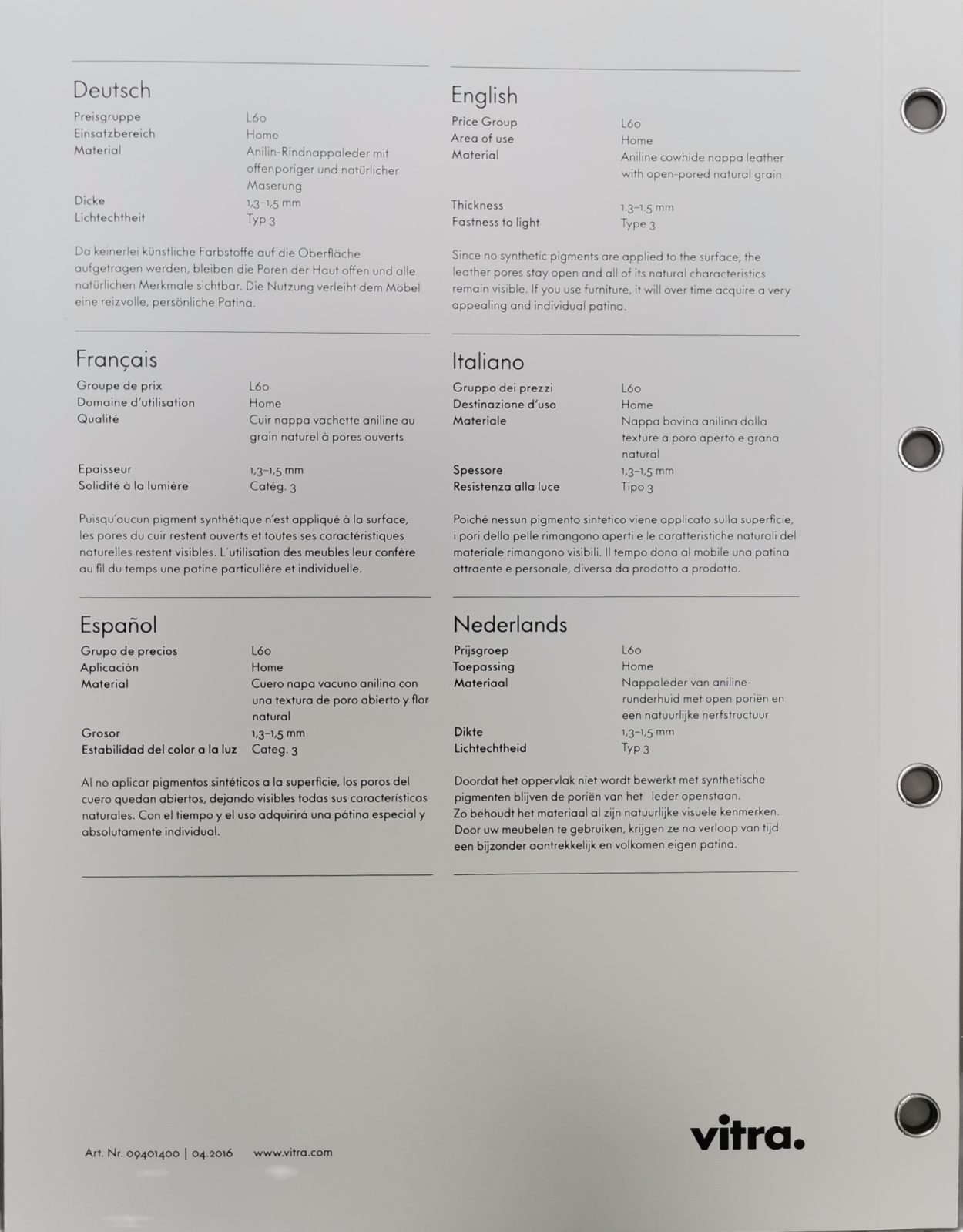 Leather Sample Card leather Natural Vitra